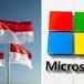 Indonesiens Flagga Mot Blå Himlen; Microsoftlogga På Byggnad; Microsoft, Satya Nadella, Ai