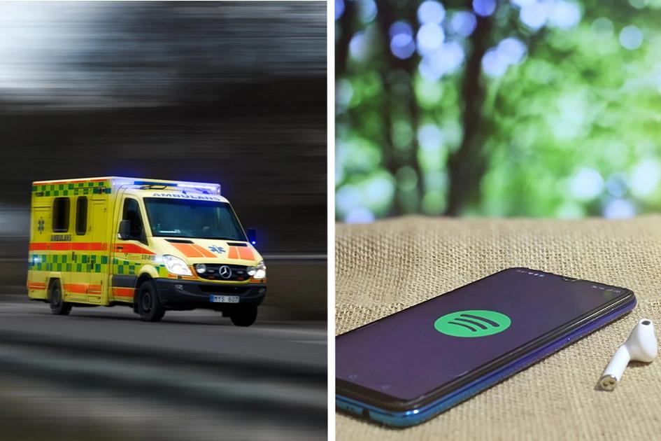 Bild På Ambulans Och Mobil Med Spotify Appen