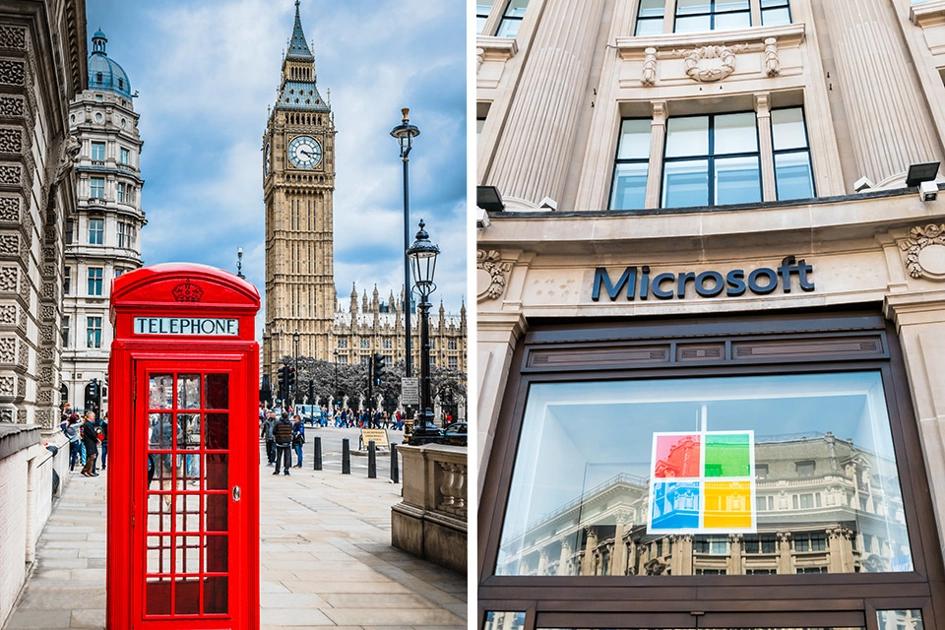 Bild På Telefonkiosk Och Microsoftbyggnad I London