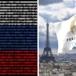 Bild På Rysk Flagga Och Eiffeltornet Samt Os Flagga