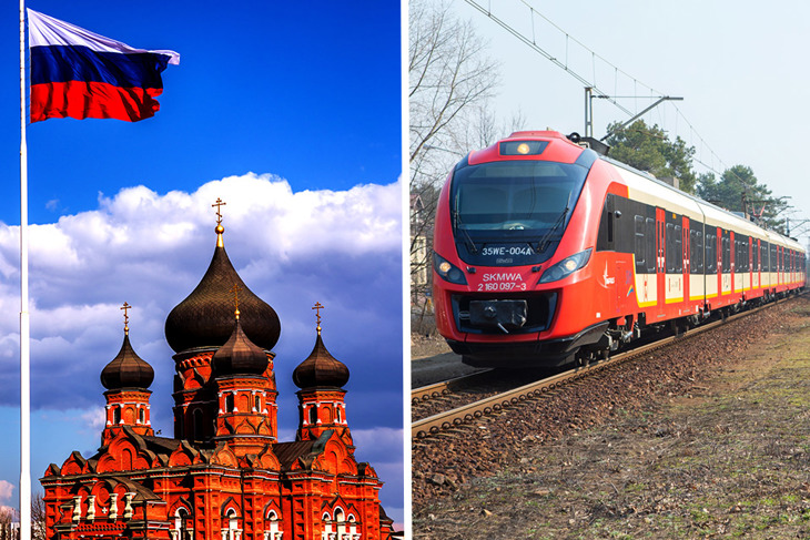 Tåg I Polen Och Rysk Flagga